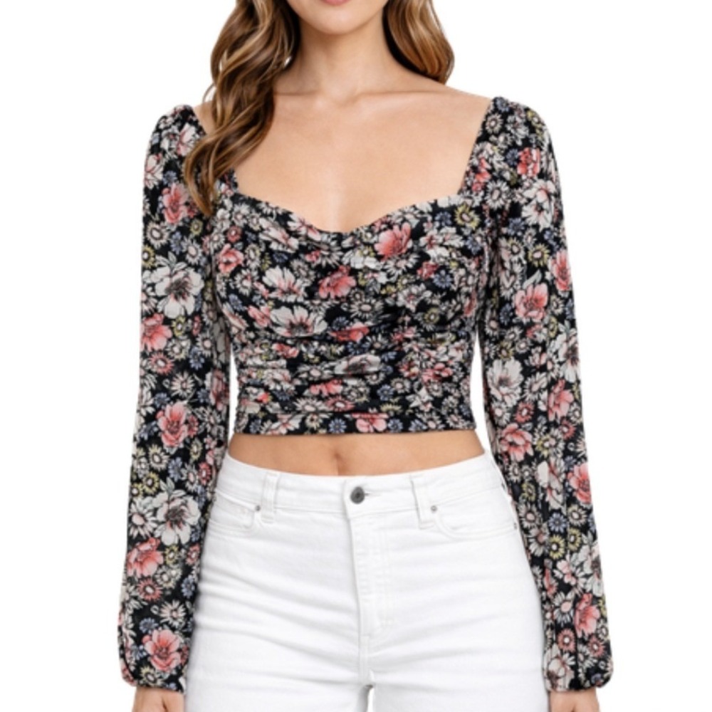 Forever 21 NWT Womens Floral Mesh Ruched Crop Top Long Sleeve Black Pink Size S